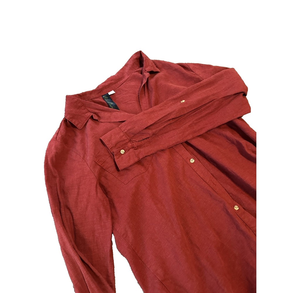 Blue Rain Womens Linen Blend Button Down Shirt L Brick Red Lagenlook FRYH5302